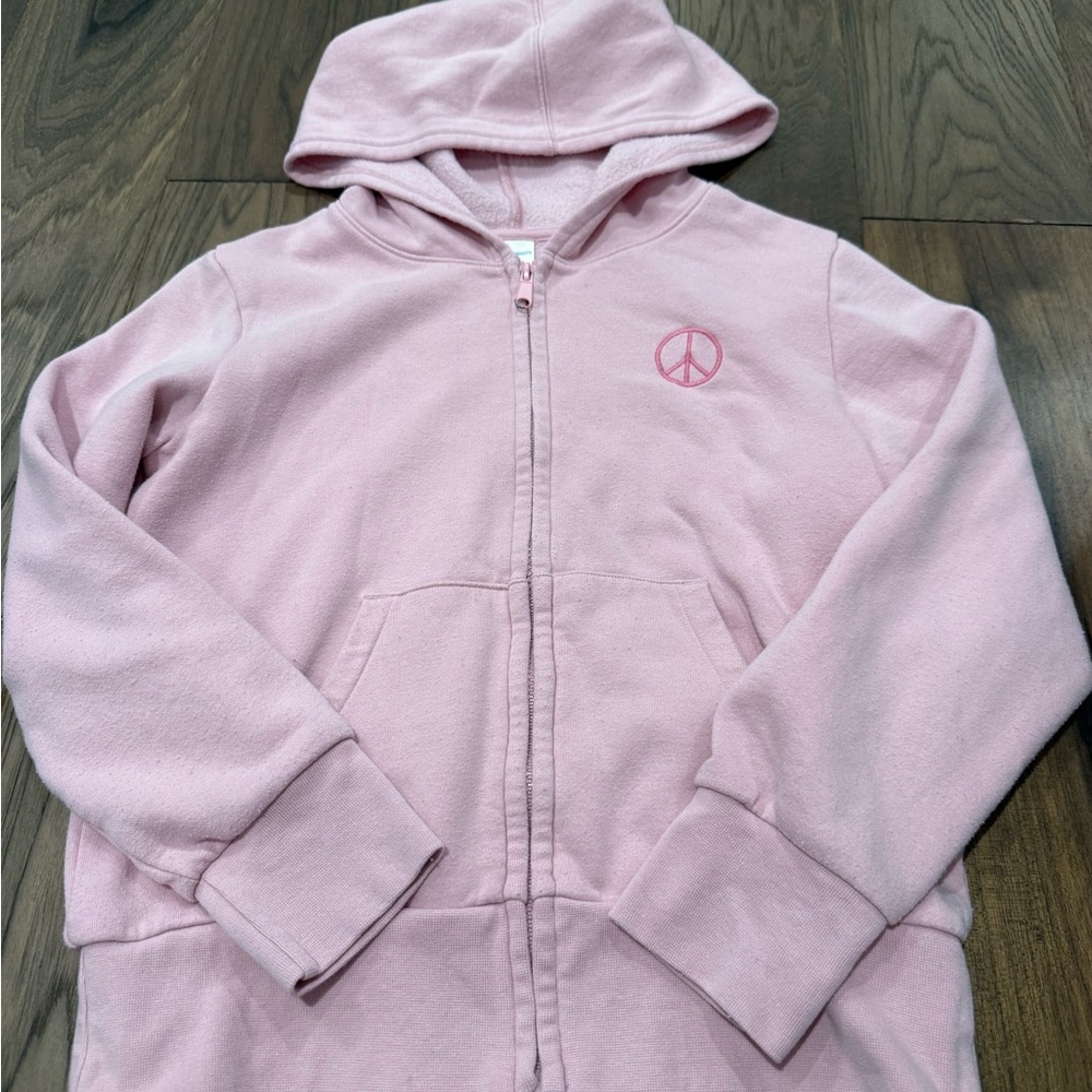 Pink Hooded Sweatshirt Full Zip Peace Sign Embroidered Girls Size L 14